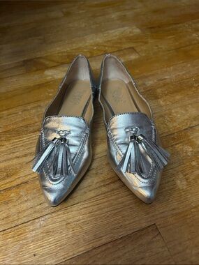 Franco Sarto “Rachelle” Silver Pointed-Toe Tassel Loafers
